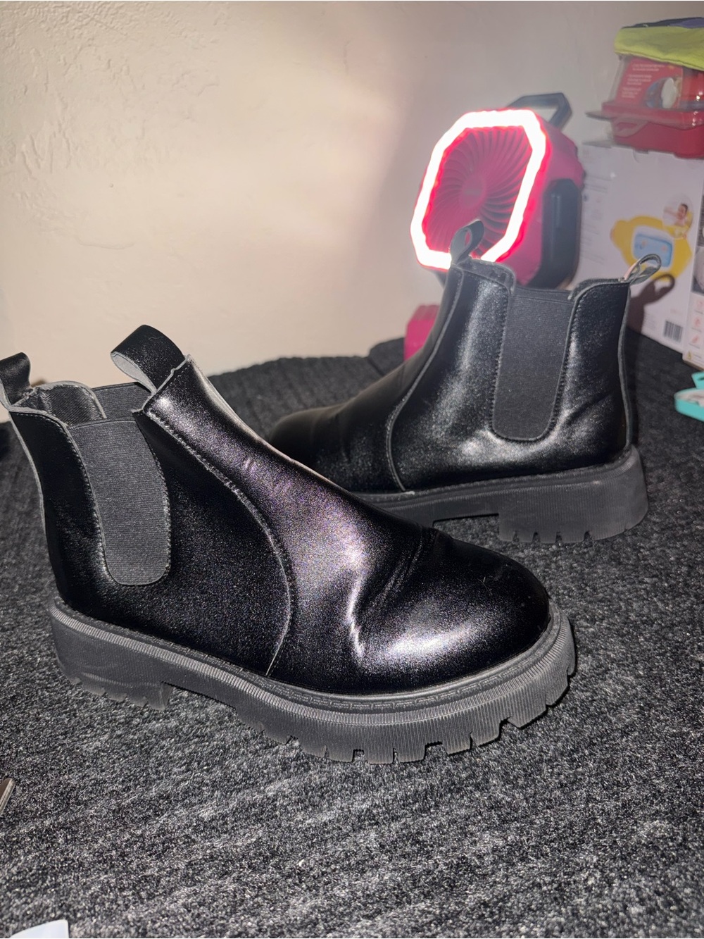 Kids Black Chelsea Lug Boots — Pull-On Elastic Side Design